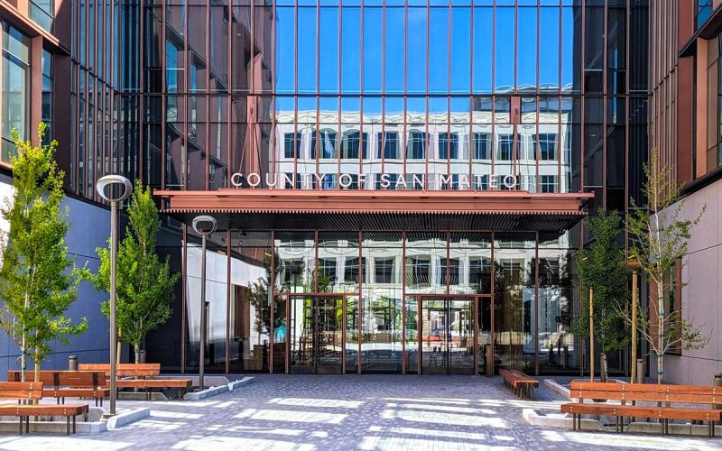 front entrance courtyard of County of San Mateo offices at 500 County Center