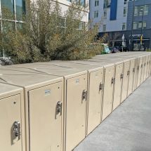row of outdoor San Mateo County employee free bike lockers
