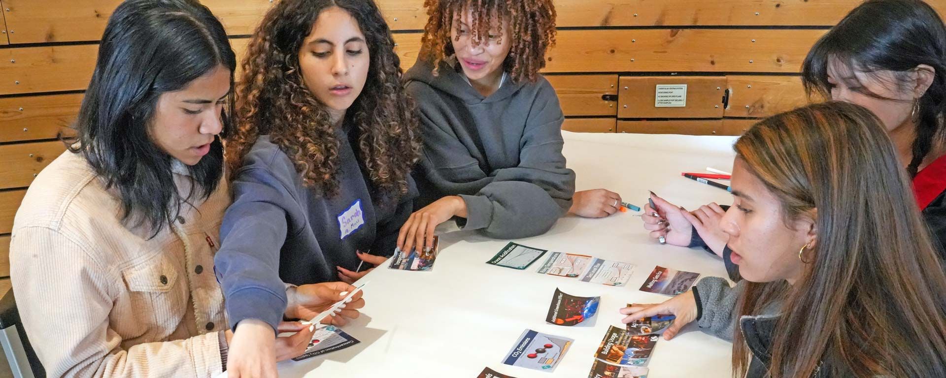 students in Youth Climate Associates program sit at table working on project with photo flowchart