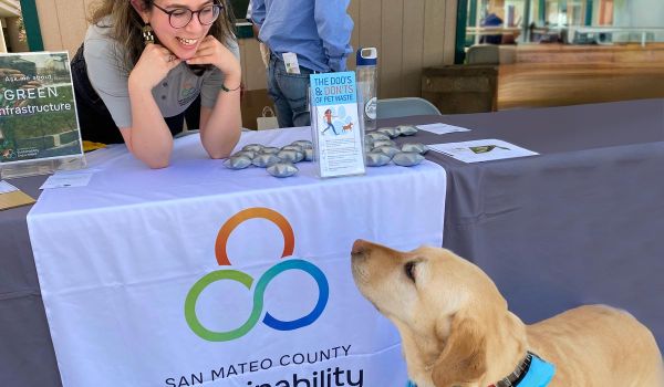 Sustainability Department staff member greets dog at outreach event