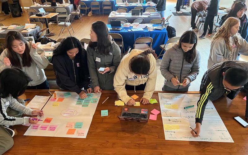 students in Youth Climate Associates program working on poster project at opening retreat