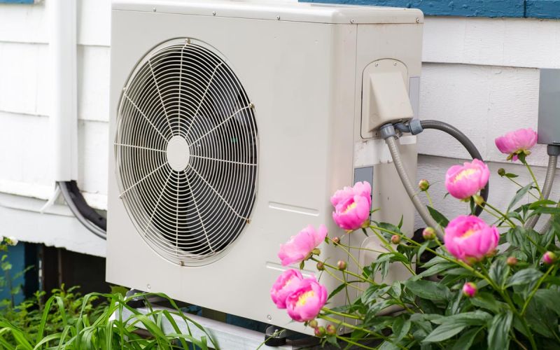 home heat pump outside with flowering peonies